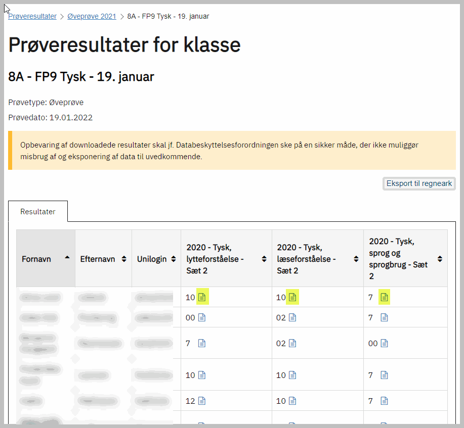 Billedet viser oversigten for hver elevs resultat for hver delprøve