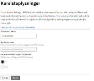 Billedet viser et eksempel på hvordan man angiver kursistoplysninger i tilmeldingen.