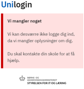 Billedet viser et eksempel på den viste fejlbesked med overskriften Vi mangler noget.