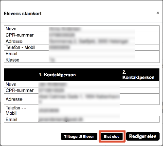 Billedet viser placeringen af knappen Slet elev på elevens stamkort.