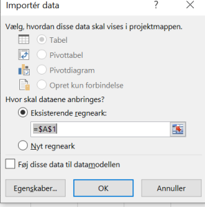 Billedet viser boksen Importér Data, hvor OK-knappen er markeret