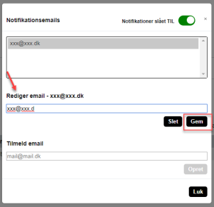 På billedet ses skrivefeltet Rediger e-mail og knapperne Gem samt Luk.