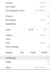 Billedet viser punktet Indstillinger i browseren.